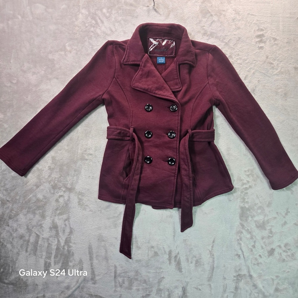Sebby Women Burgundy Fleece Pea Coat Double Breasted Belted Jacket S69171 Small